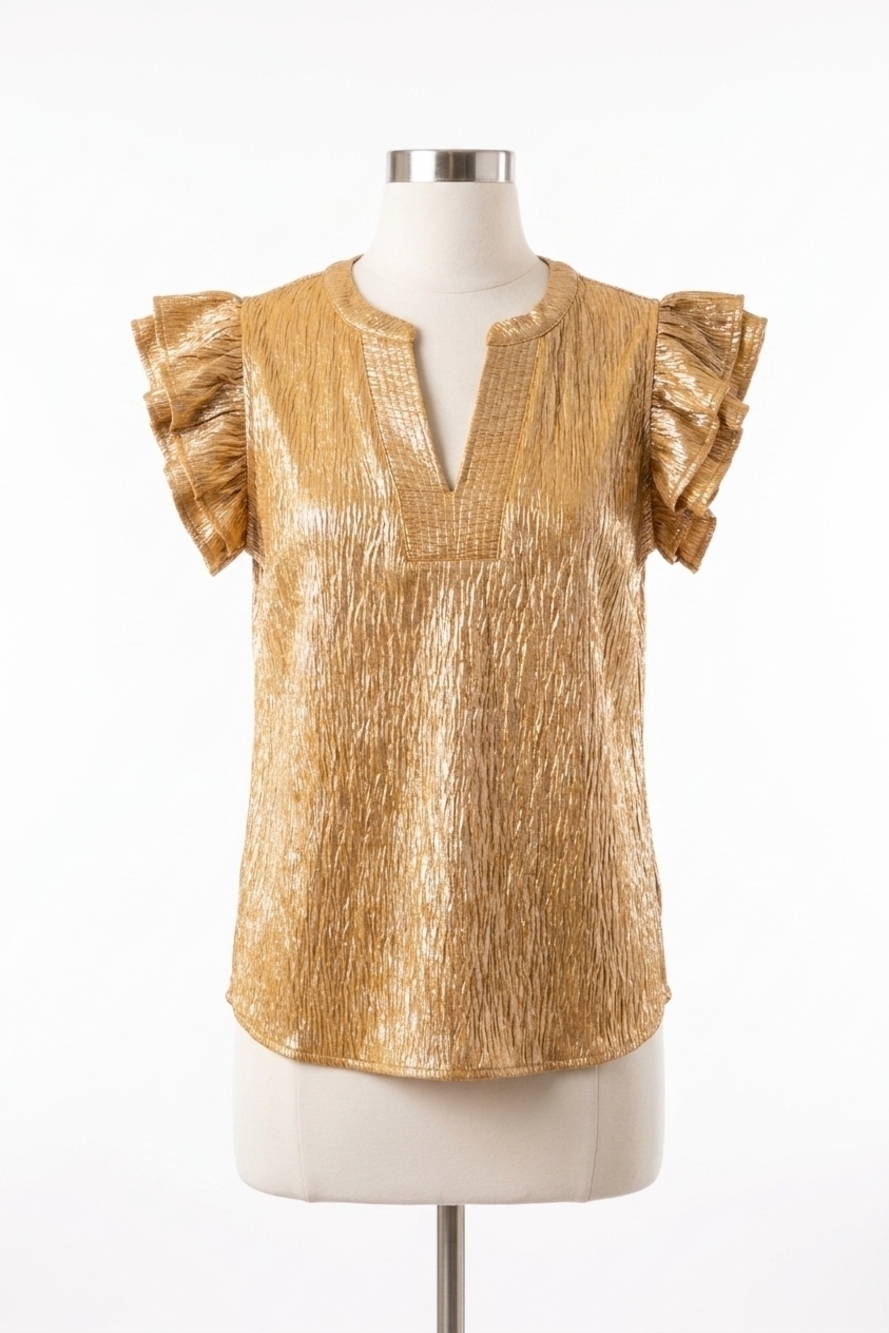 NEW VOY crinkled lurex ruffle sleeve top in gold